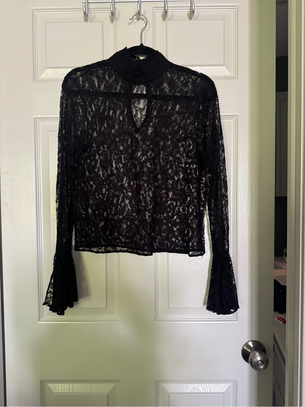 Mango Black Sheer Lace Mock Neck Blouse